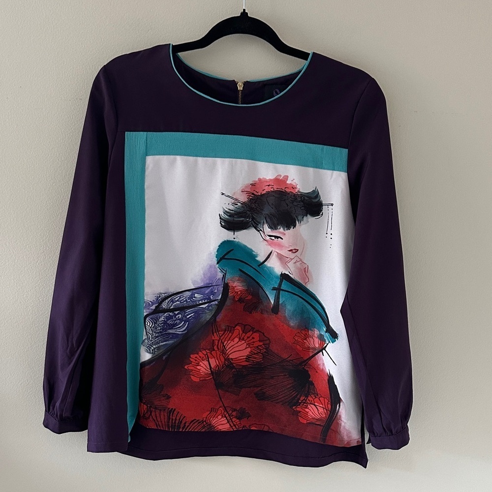 Plains & Prints Women’s Long Sleeve Top Printed w/Fancy Lady Sz 8 Wearable Art